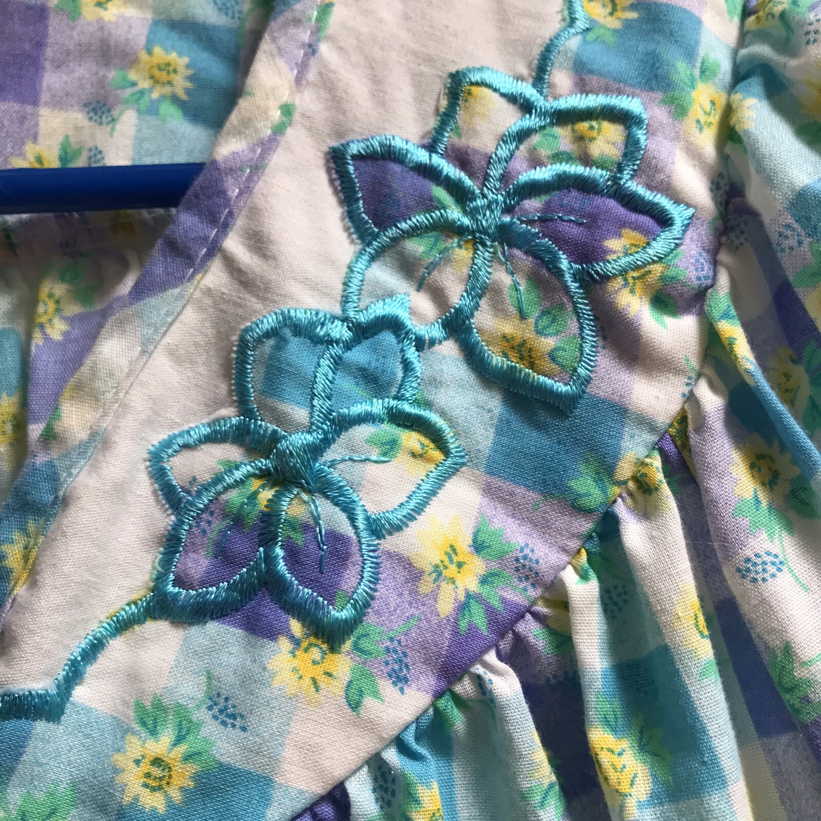 Vintage Dan Ellen House Coat Checkered Purple Blue White Yellow Flowers S-M