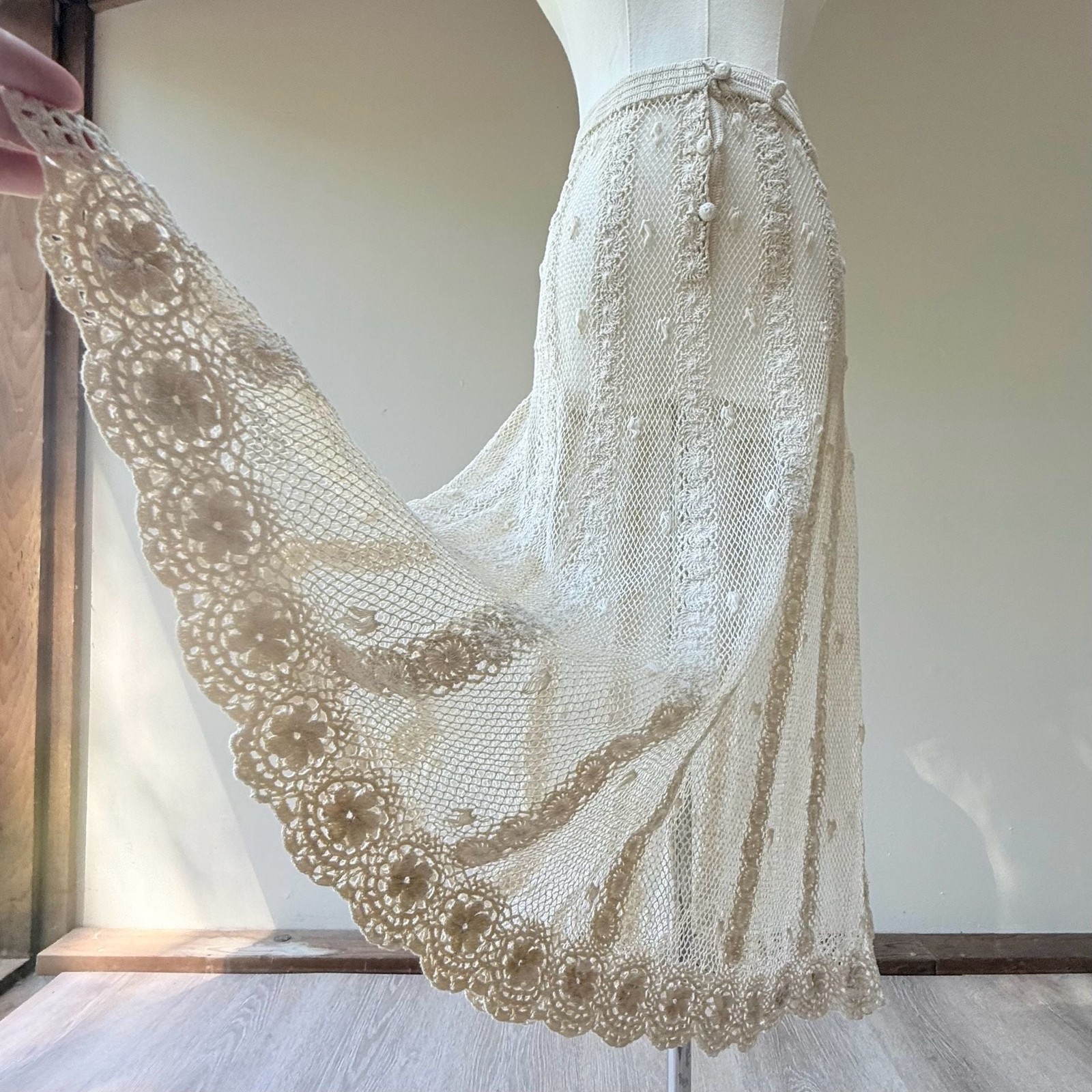 Vintage Hand Crochet Ivory Cotton Lace Maxi Skirt with Rosette Details