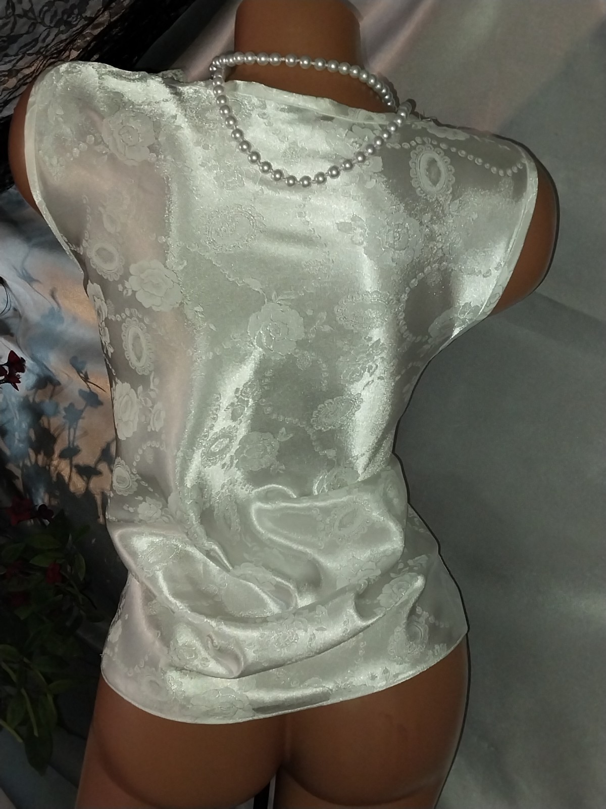VTG SATIN SHINY COQUETTE VICTORIAN LACY V BOW CAMI BLOUSE TOP 80S L/46″