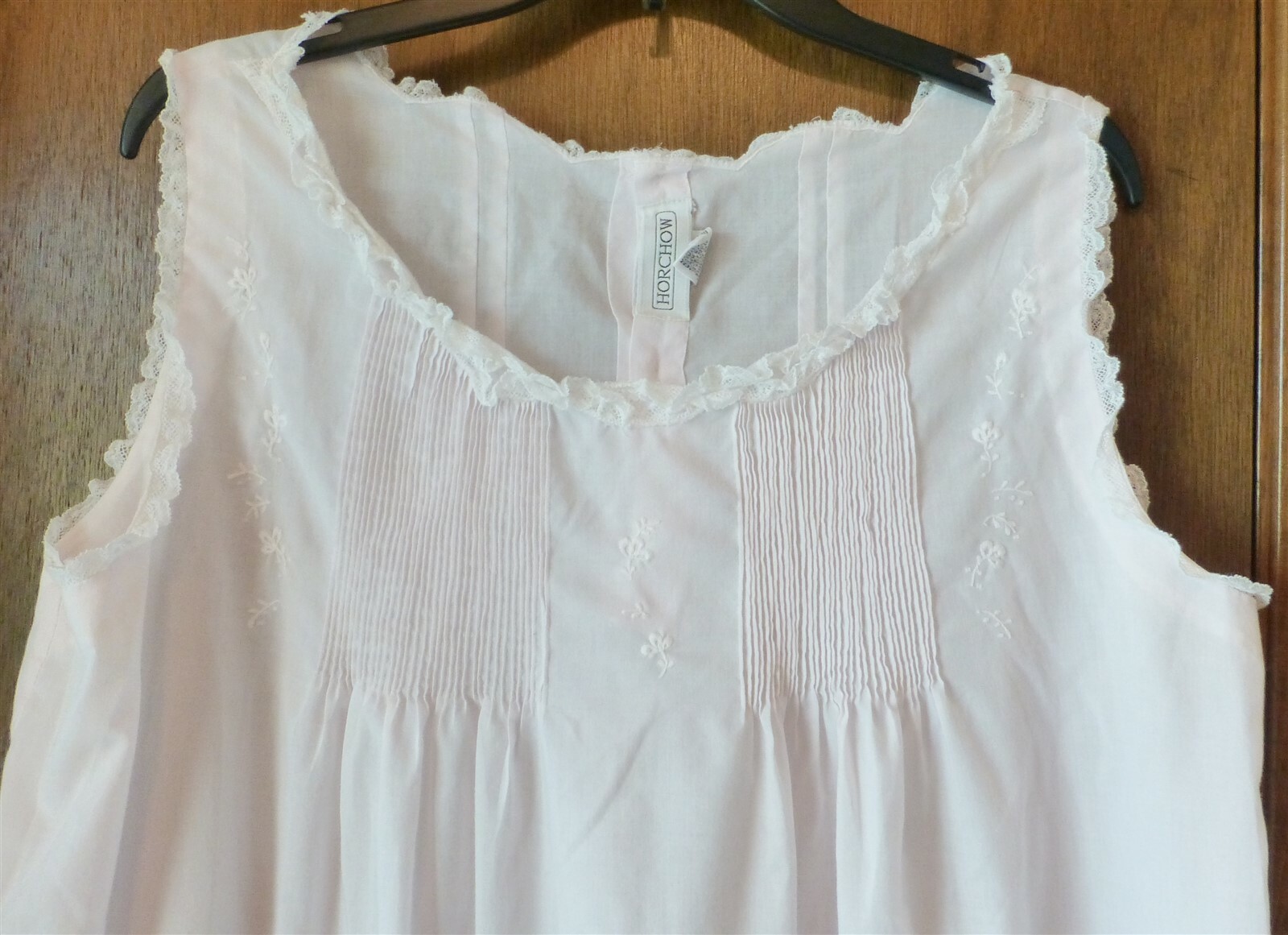 VTG HORCHOW Pink Sleeveless Long Nightgown Women L EUC Lace Embroidery Tucks