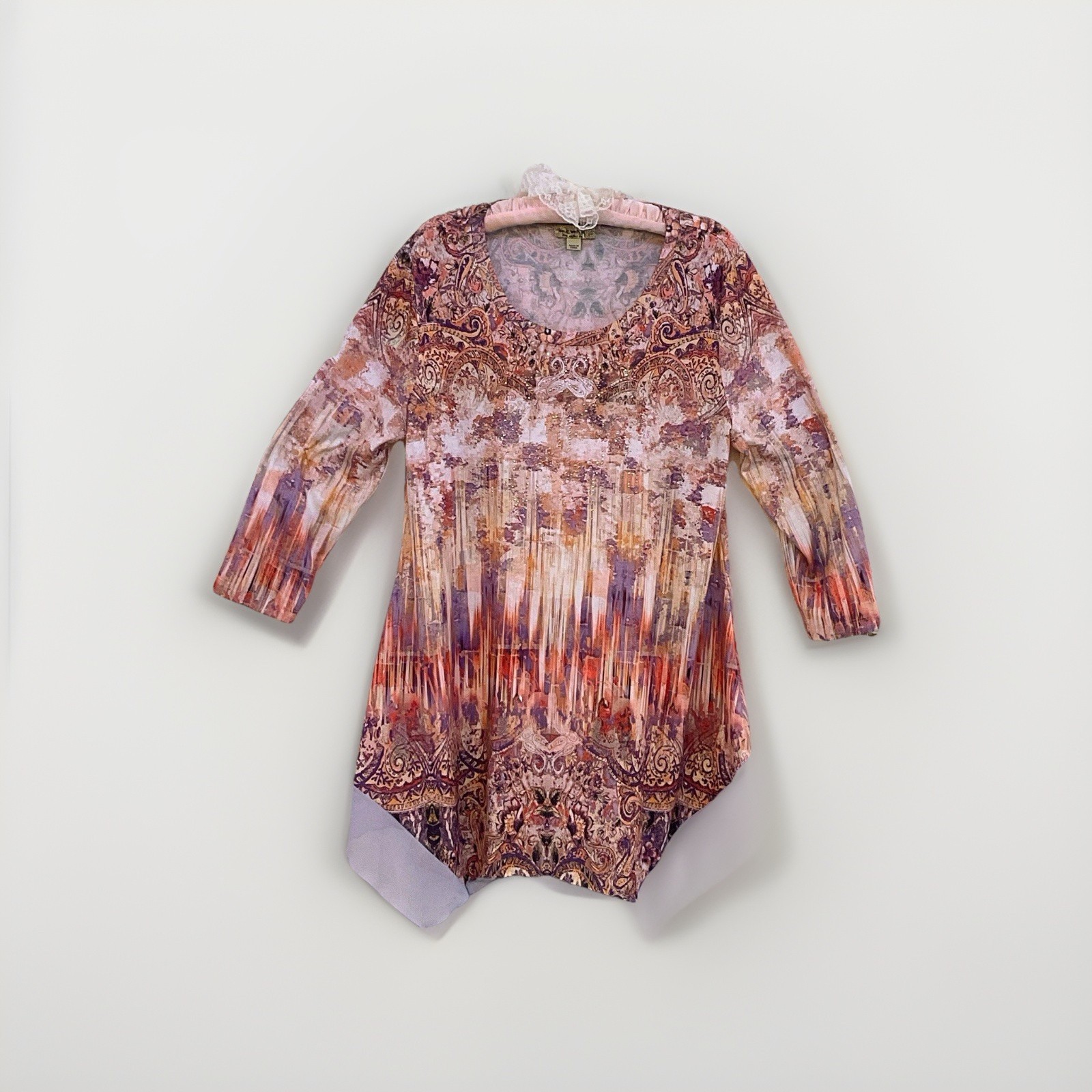 One World Tunic Top Sheer Spring Festival Fairy Beaded Boho 3/4 Sleeve MED Vtg