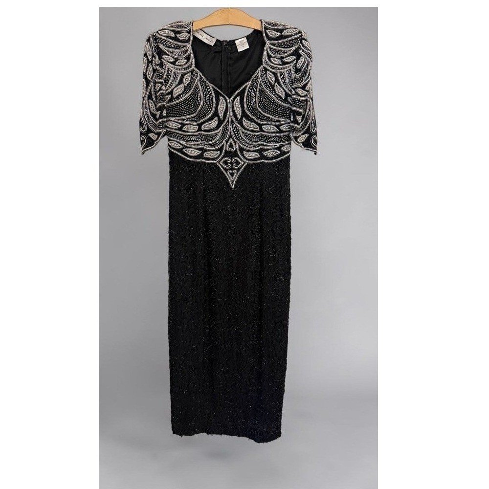 Night Vogue Vintage Black Silk Beaded Sequin Maxi Dress Art Deco Gown M Medium