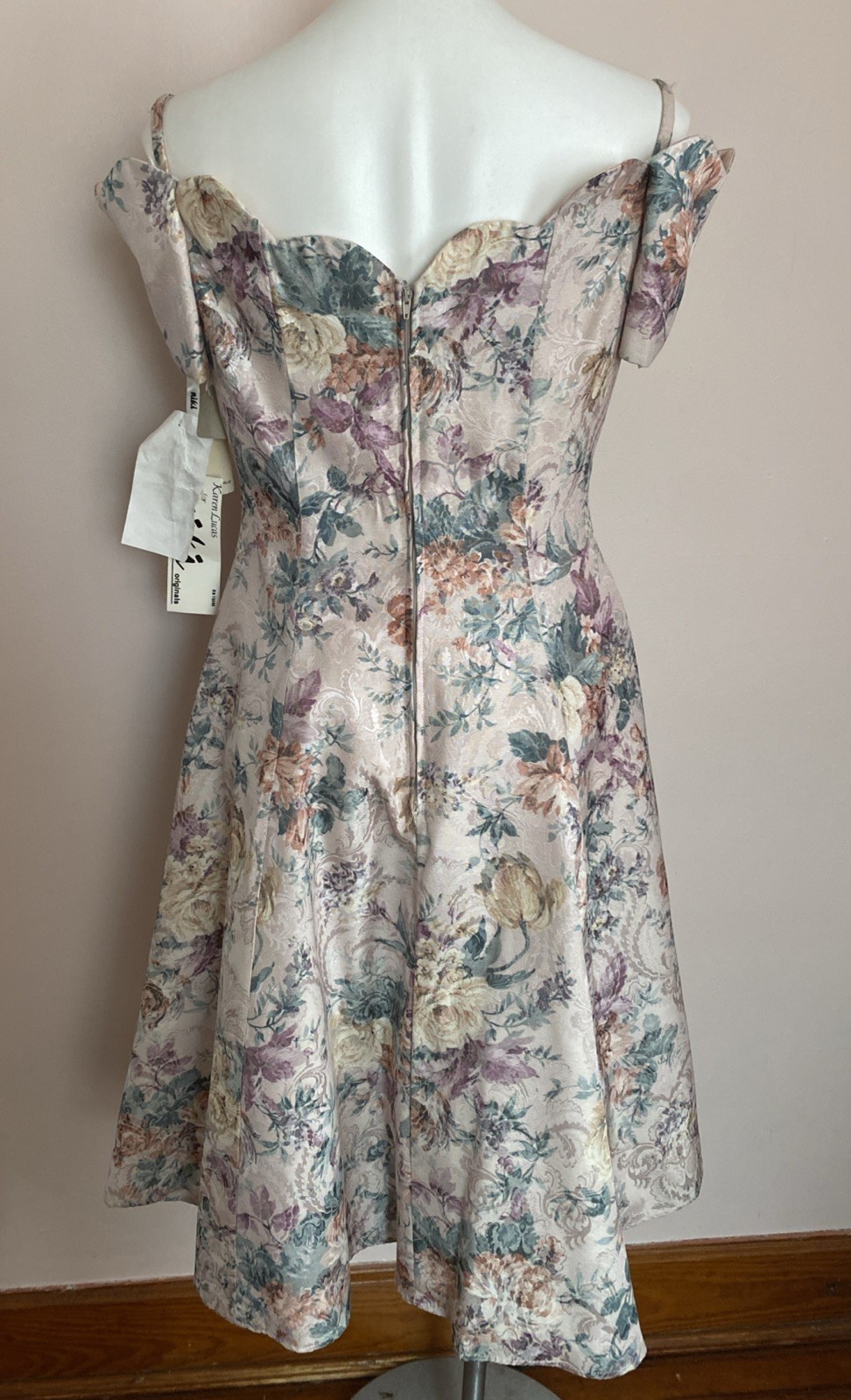 NWT Karen Lucas NIKI VTG 90s Floral Brocade Fit Flare Off Shoulder Dress 14 Lrg