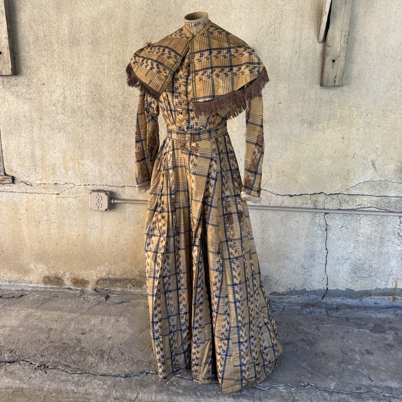 Antique Victorian Brown & Blue Plaid Silk Dress & Cape 1860s Vintage