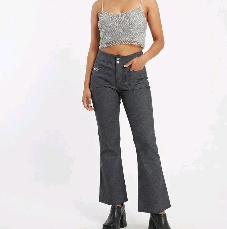 Face Off Y2K Flared Low Rise Grey Pants S Stretch Bell Bottoms Cyber punk Rave
