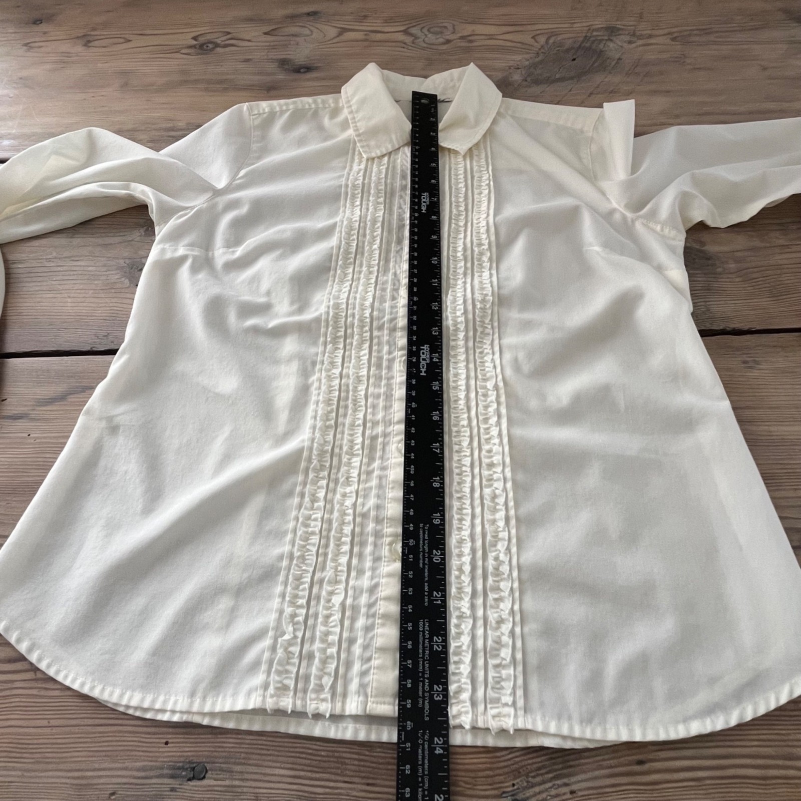 Button Up Vintage 80s Cream Blouse Womens M Tuxedo Front