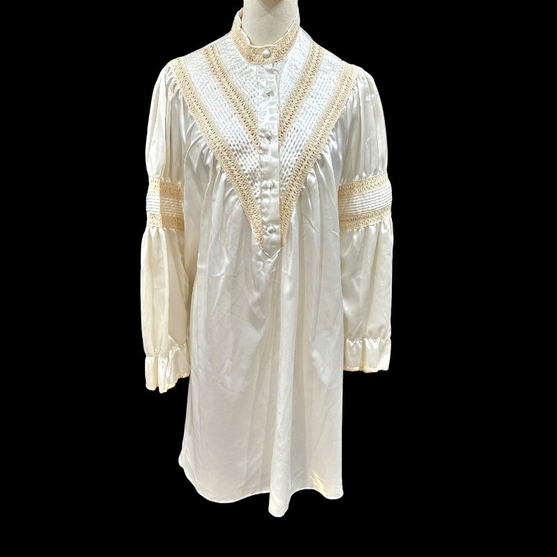 ilise Stevens Satin Nightgown Size M Ivory Crochet Lace Cottage Grandma Vintage