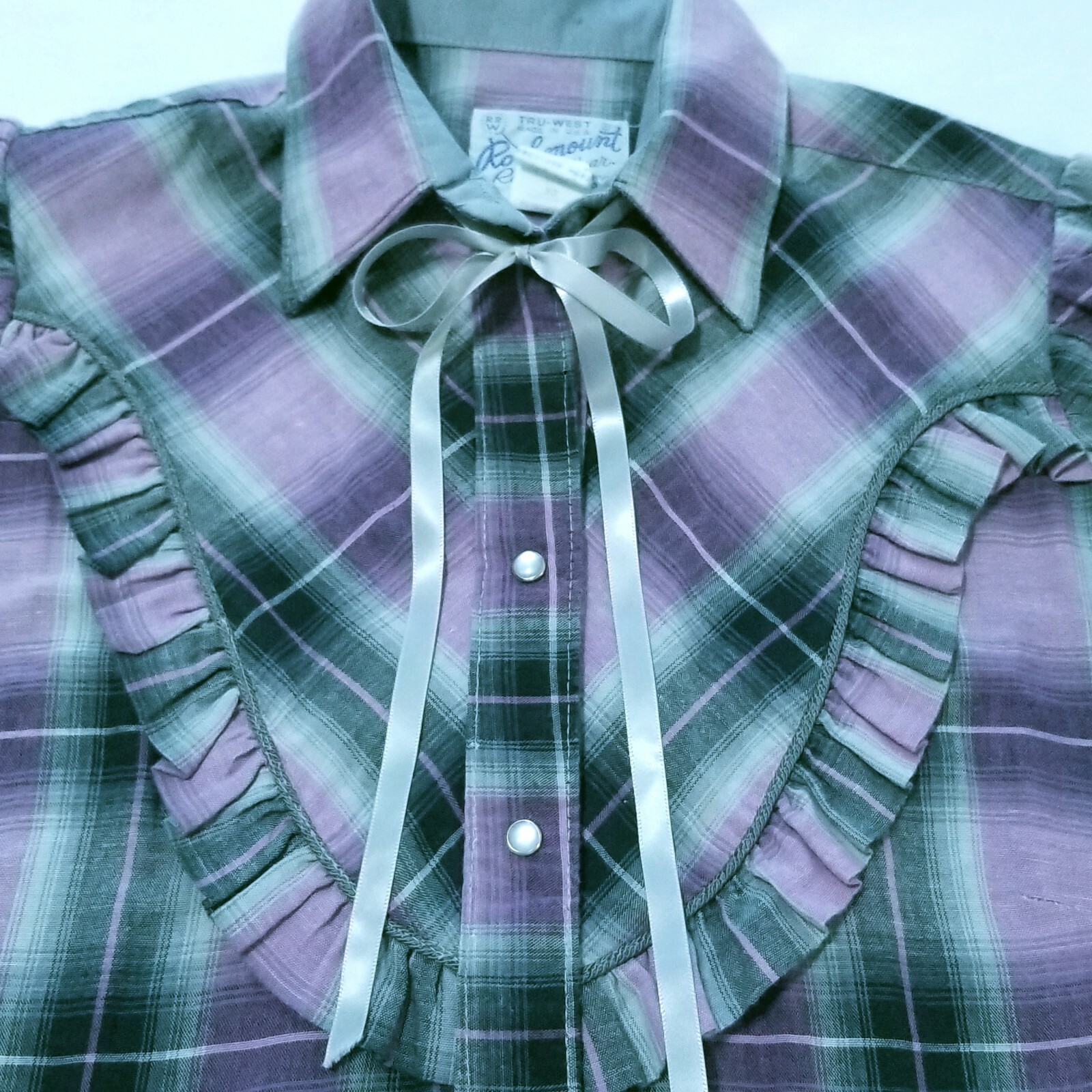 Vtg Rockmount Ranch Wear Purple Gray Plaid Pearl Snap Sz 32 Fitted w/Tie Western