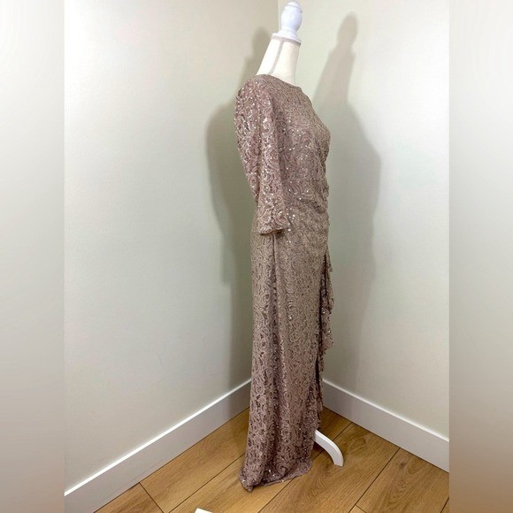 Alex Evenings Sequin Lace Gown 3/4 Sleeves Cascade Detail Front Slit Size 8 NEW