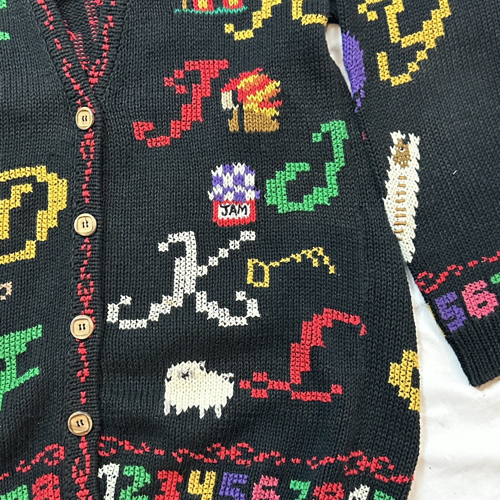 Vintage DESIGN OPTIONS Knitwear Cardigan Sweater Alphabet And Numbers Sz. Small
