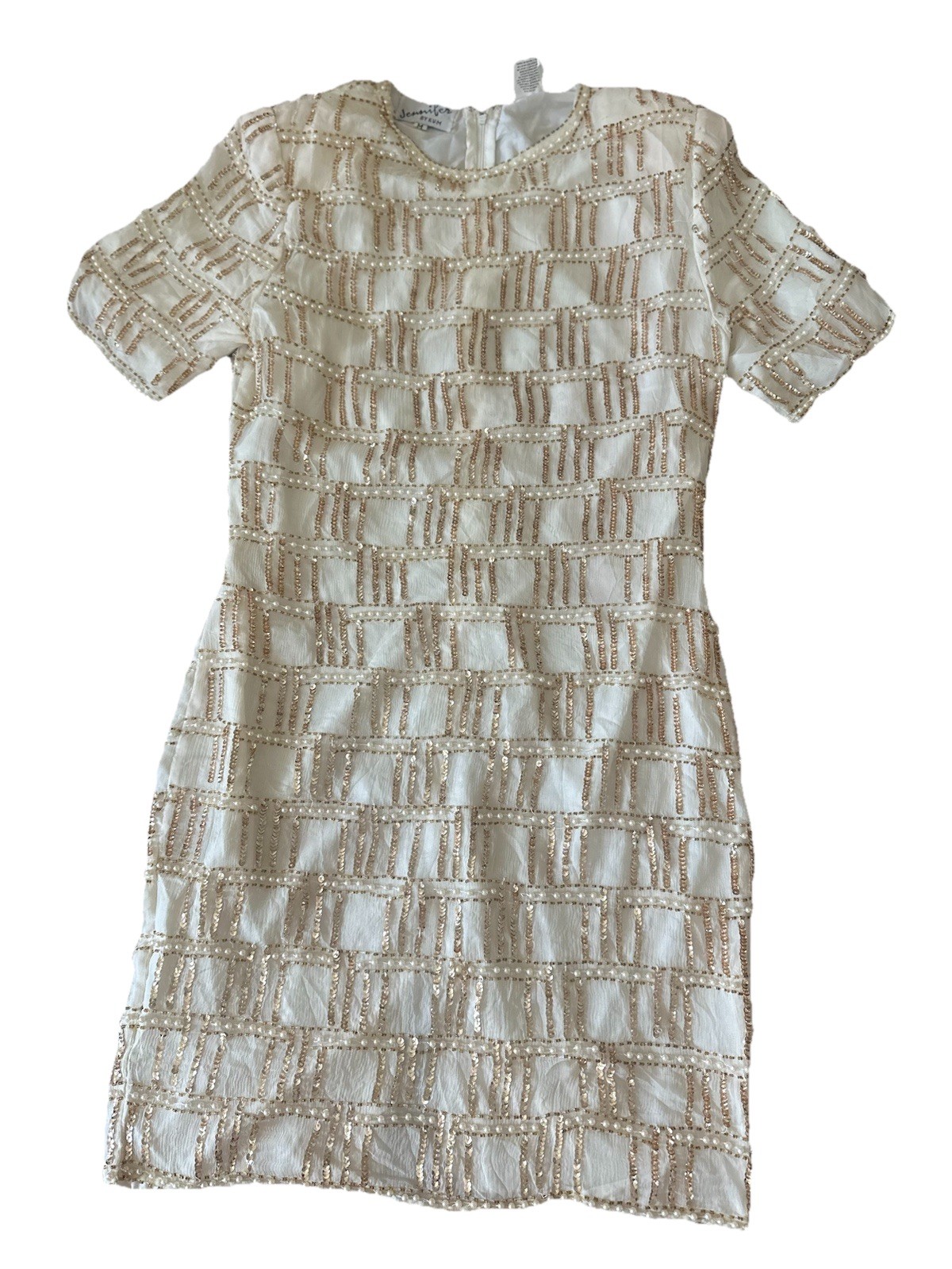 Vintage 90s Beige Silk Beaded Cocktail Dress Jennifer KVM M