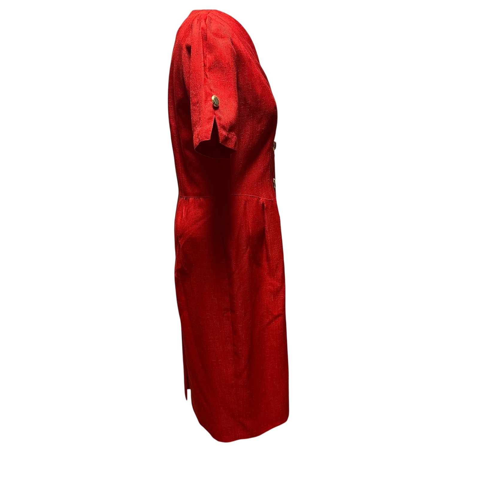 Vintage Oleg Cassini Red Button Front Sheath Dress Short Sleeve 80s Power Midi