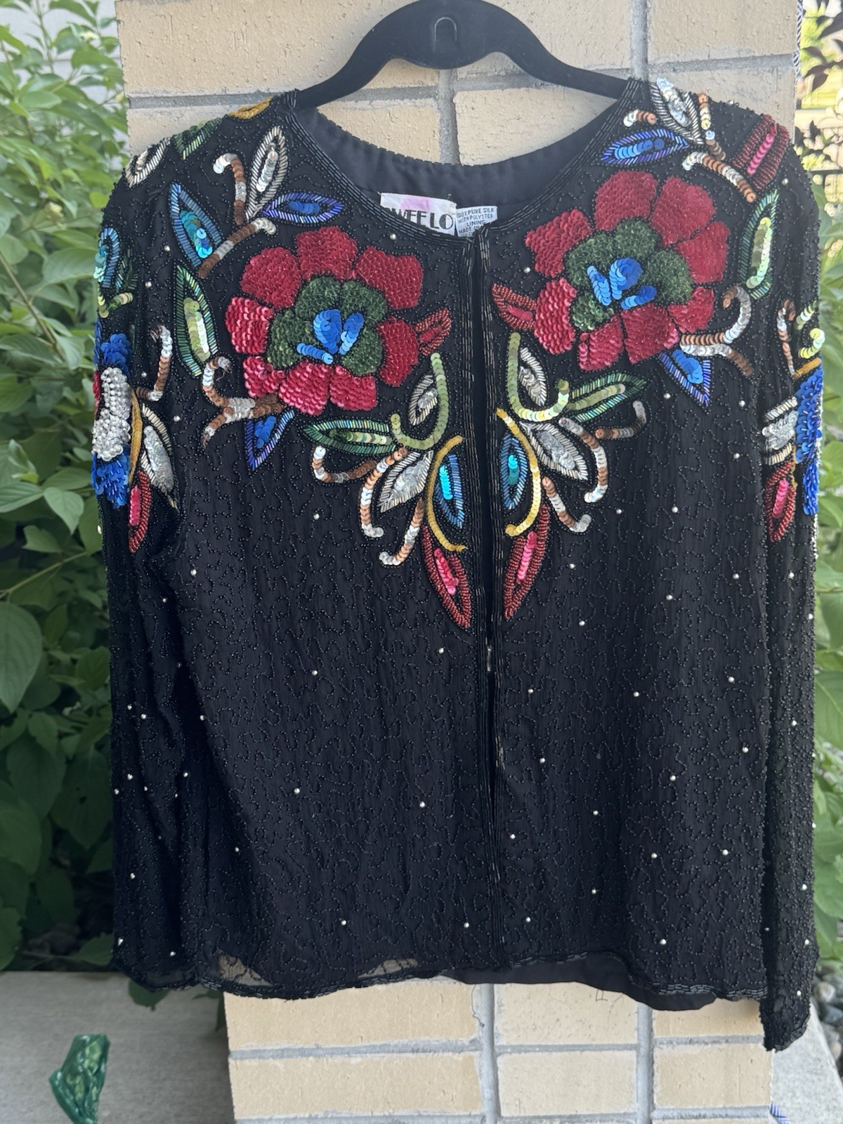Vintage SWEELO Pure Silk Hand Beaded Sequin Black Evening Jacket Women’s S/M