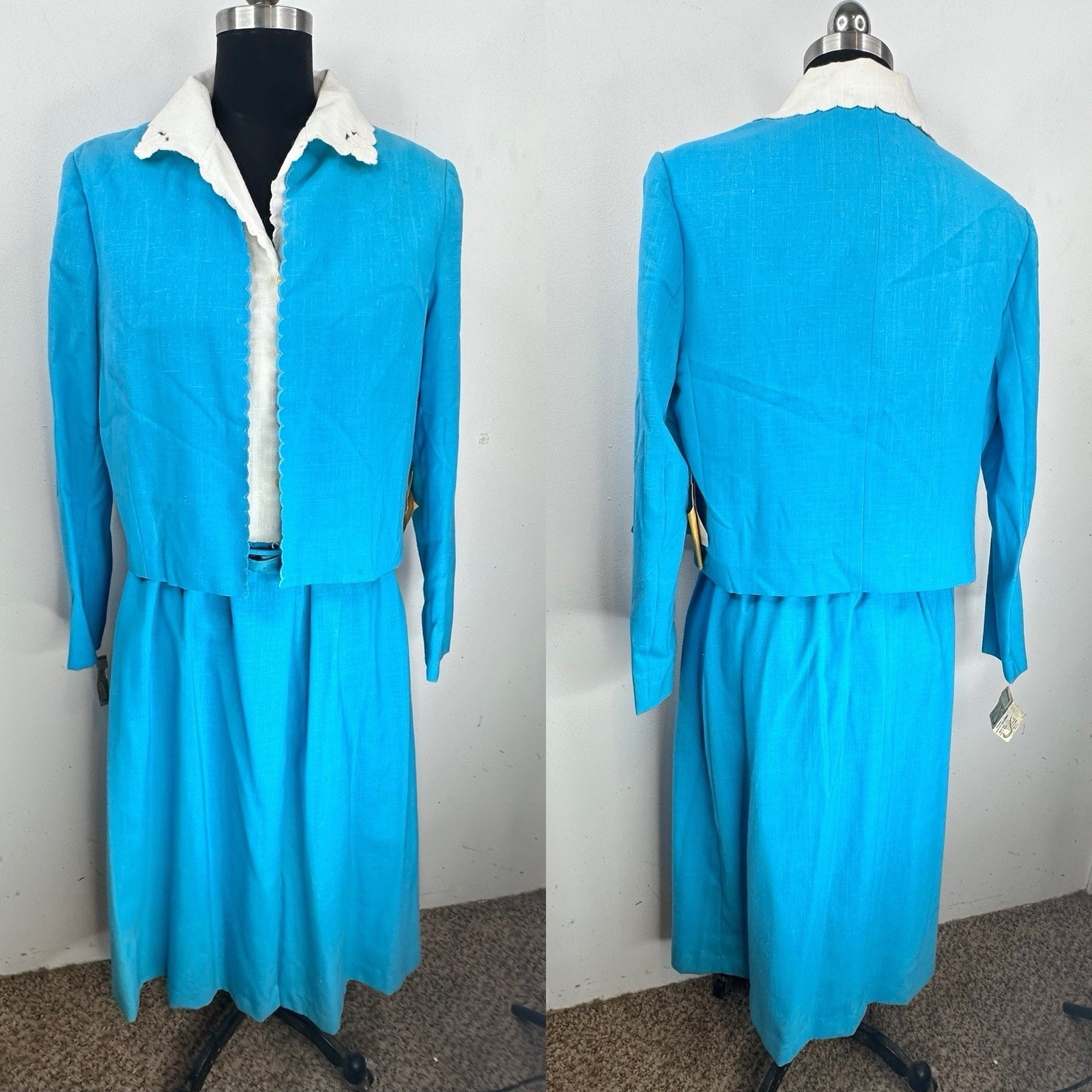 Vintage NOS azure blue and cream dress with jacket Med Tags Cottage Core Theater