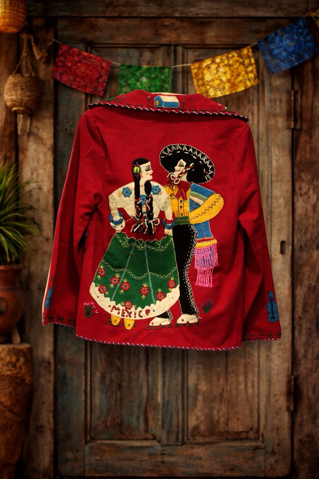 Vintage 1950s Mexican Hand Embroidered Red Wool Folk Art Jacket