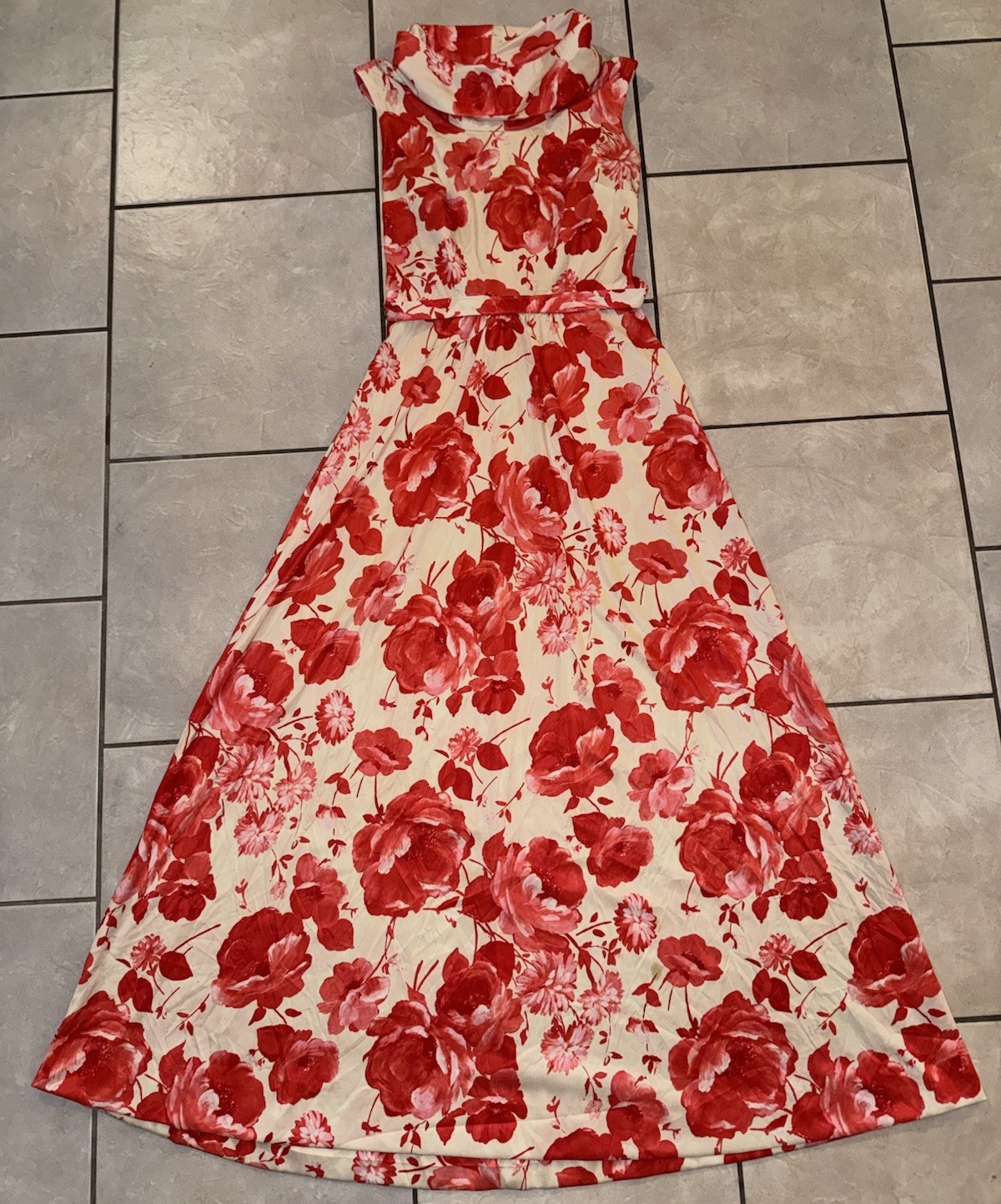 Vintage 70s Red Floral Maxi Dress XS Cowl Neck Long Sleeve Mod Boho Glam Swing