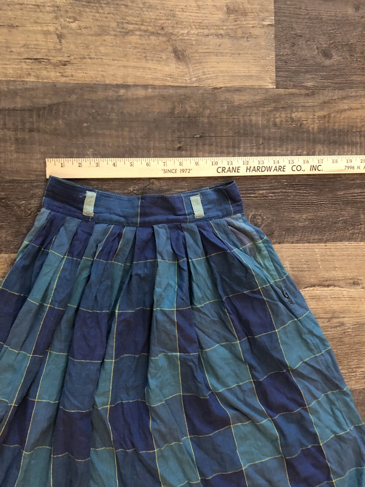 Vintage 80s Santa Cruz 22″ Waist Blue Green Madras Plaid A-Line Skirt Cotton-XS