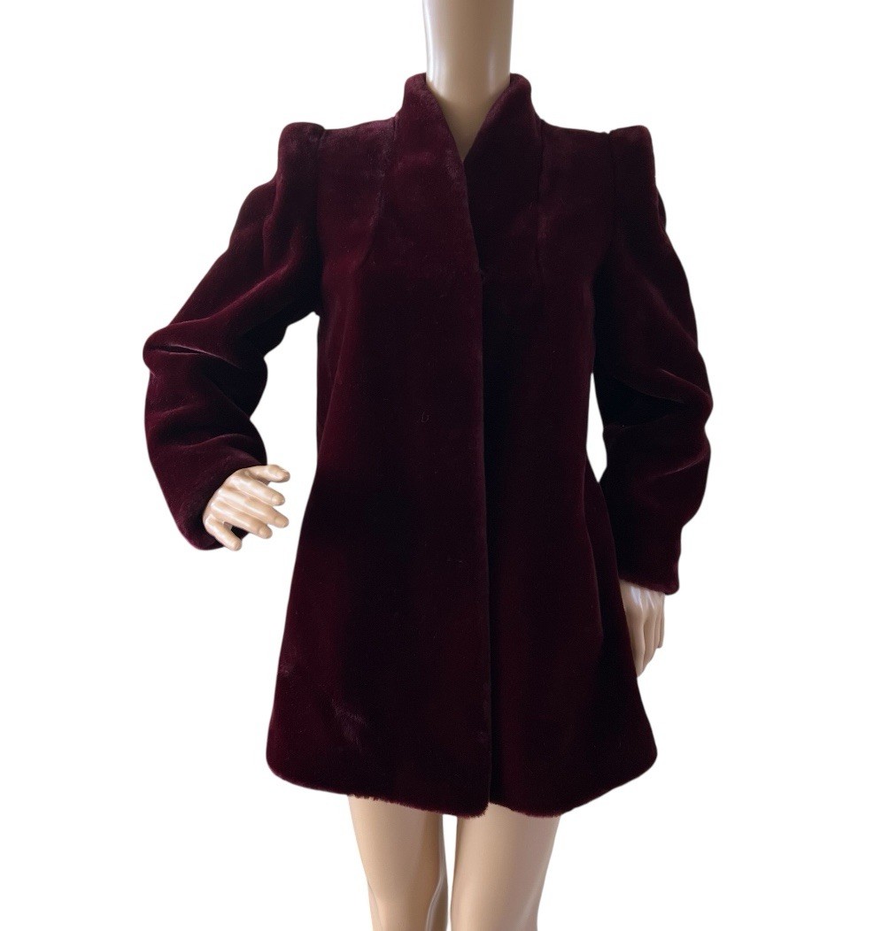 Sasson NY Paris Vtg 1980’s Plush Faux Fur Coat Wine Burgundy Sz 6