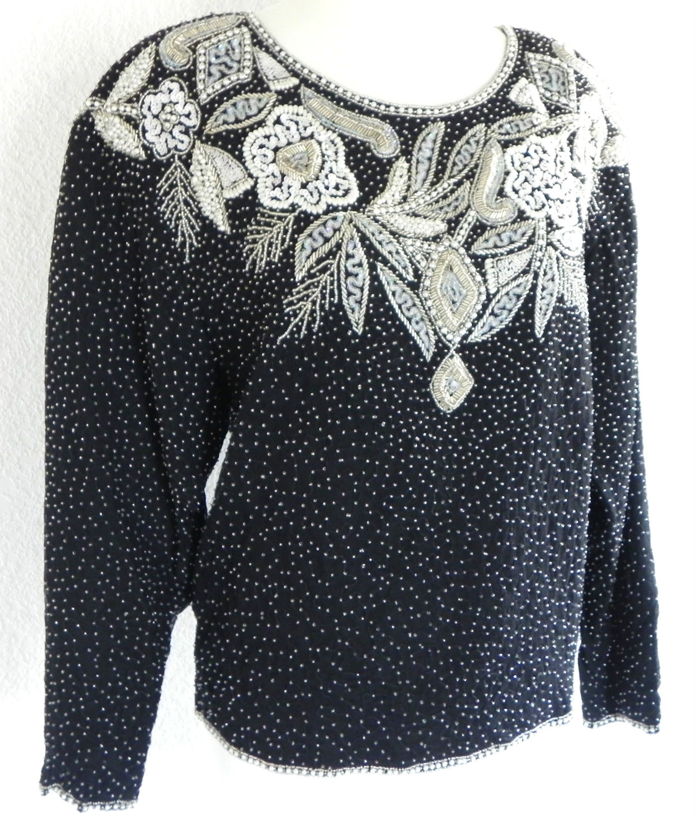 Vtg Together Top Silk Bead/Sequin Trim Padded Shoulder/Long Sleeve Lined Size M