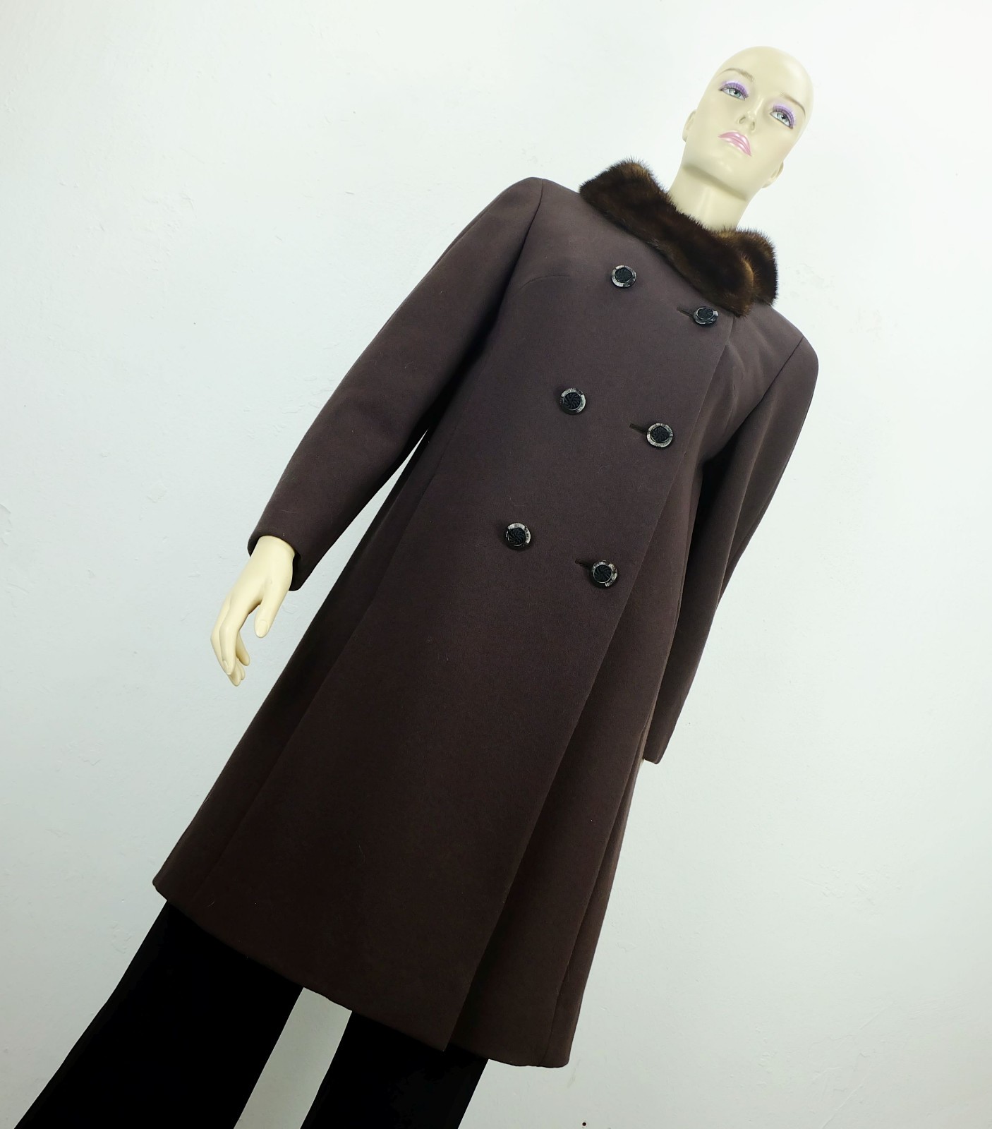 1960s COAT Del Mod International Brown Wool Fabric Mink Collar Size 38