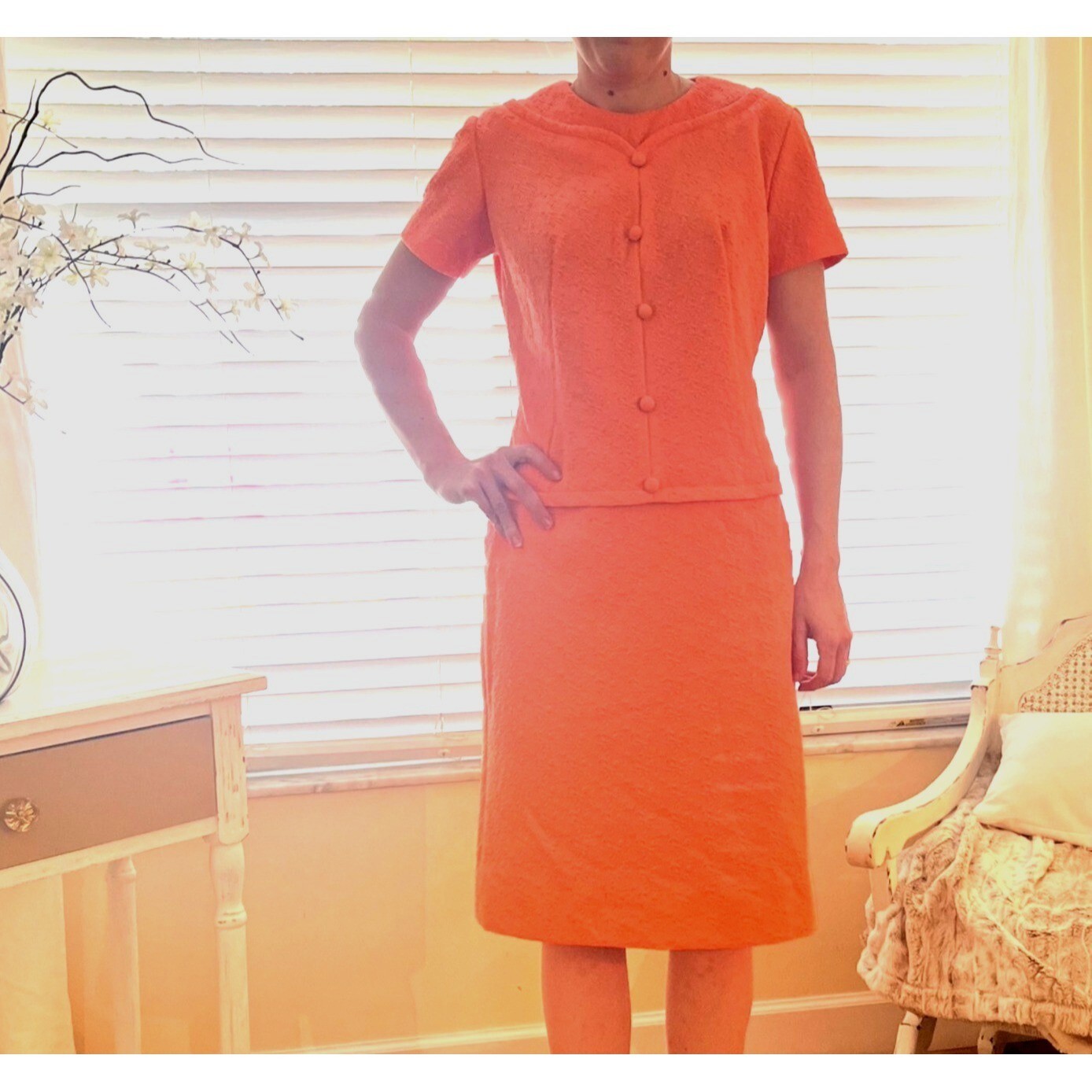 American Vintage 1960s Peach Textured Polyester Drop Waist Dress Size MED Ladies