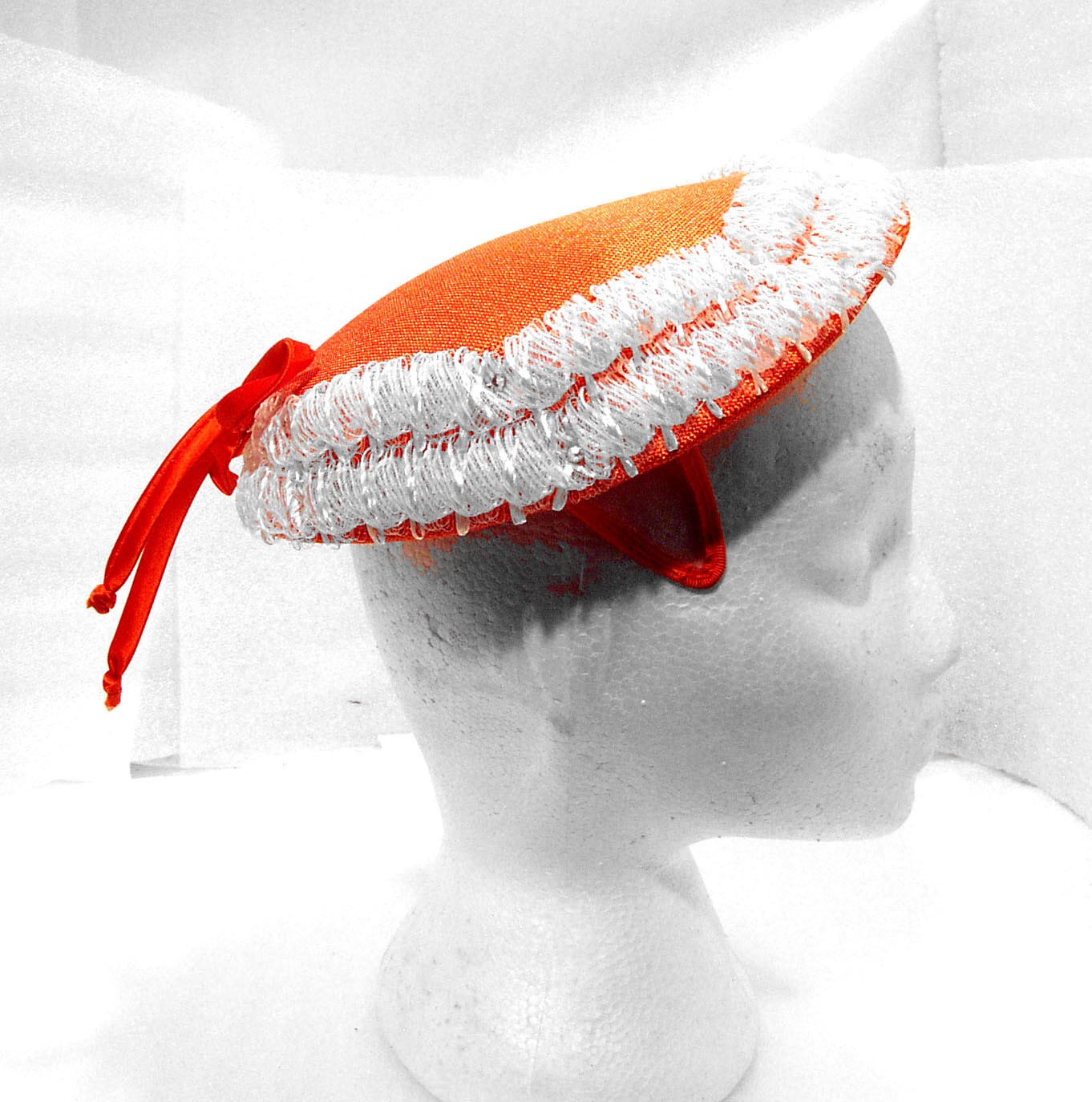 Orange Hat /White Trim with Rhinestones Side Prongs Satin Tie Bow Vintage 50’s
