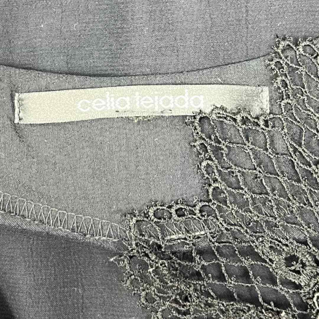 Vintage Celia Tejada Blouse (L) Bell Sleeves Crochet Lace Cuffs USA Rayon Black