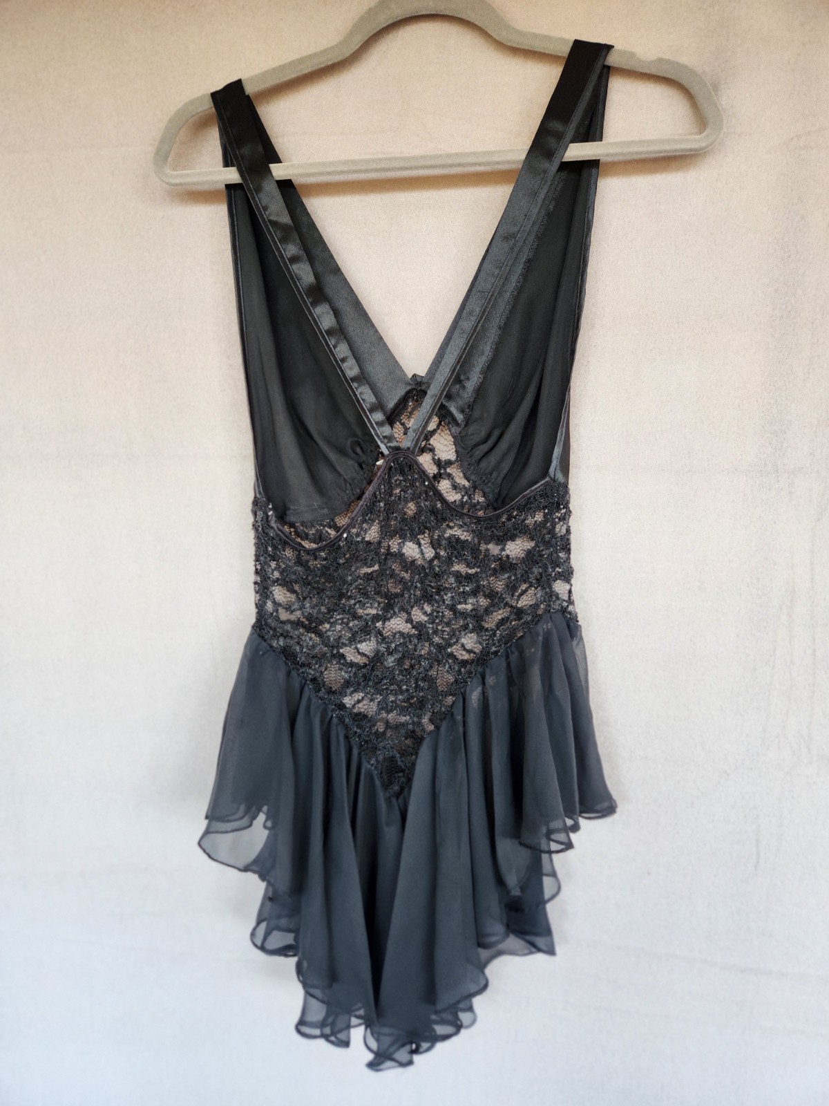 Black Satin Lace Chiffon Teddy Bodysuit Babydoll Lingerie Rosette M