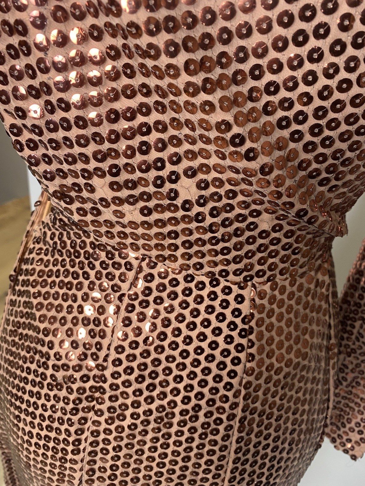 Vintage 1960’s Mike Benet Formals Copper Sequined One Shoulder Gown XS