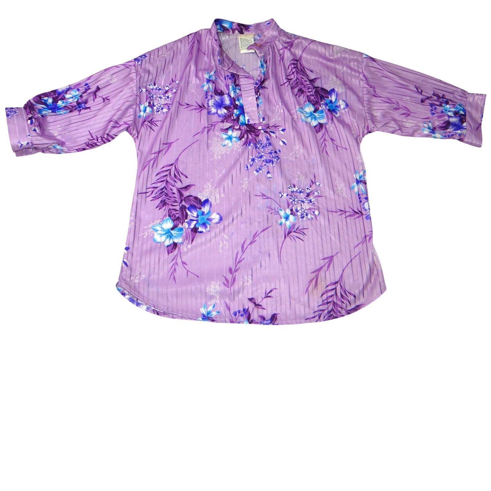 Vintage 14th Place California Purple Floral Shadow Stripe Popover Blouse Medium
