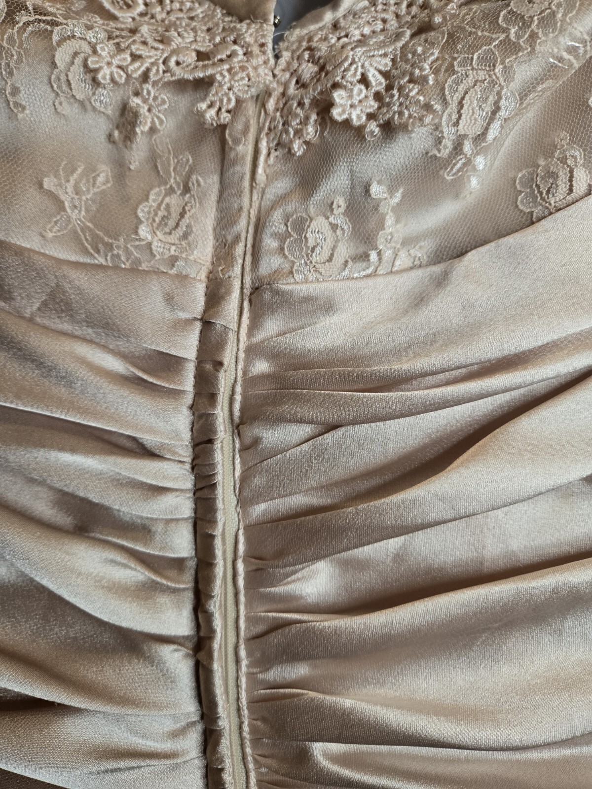 Lorrie Kabala Dress Vinage 80s Victorian Style Champaign Ruched Lace Beaded Sz 4