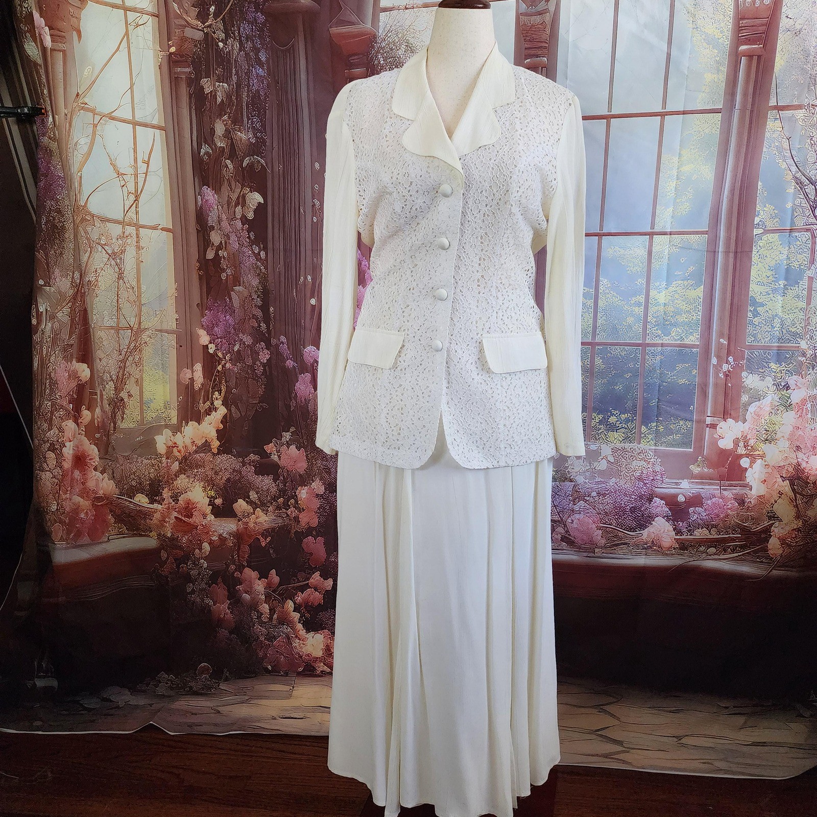 Francine Browner Vintage Lace Front Blouse & Pleated Maxi Skirt Set Off White M