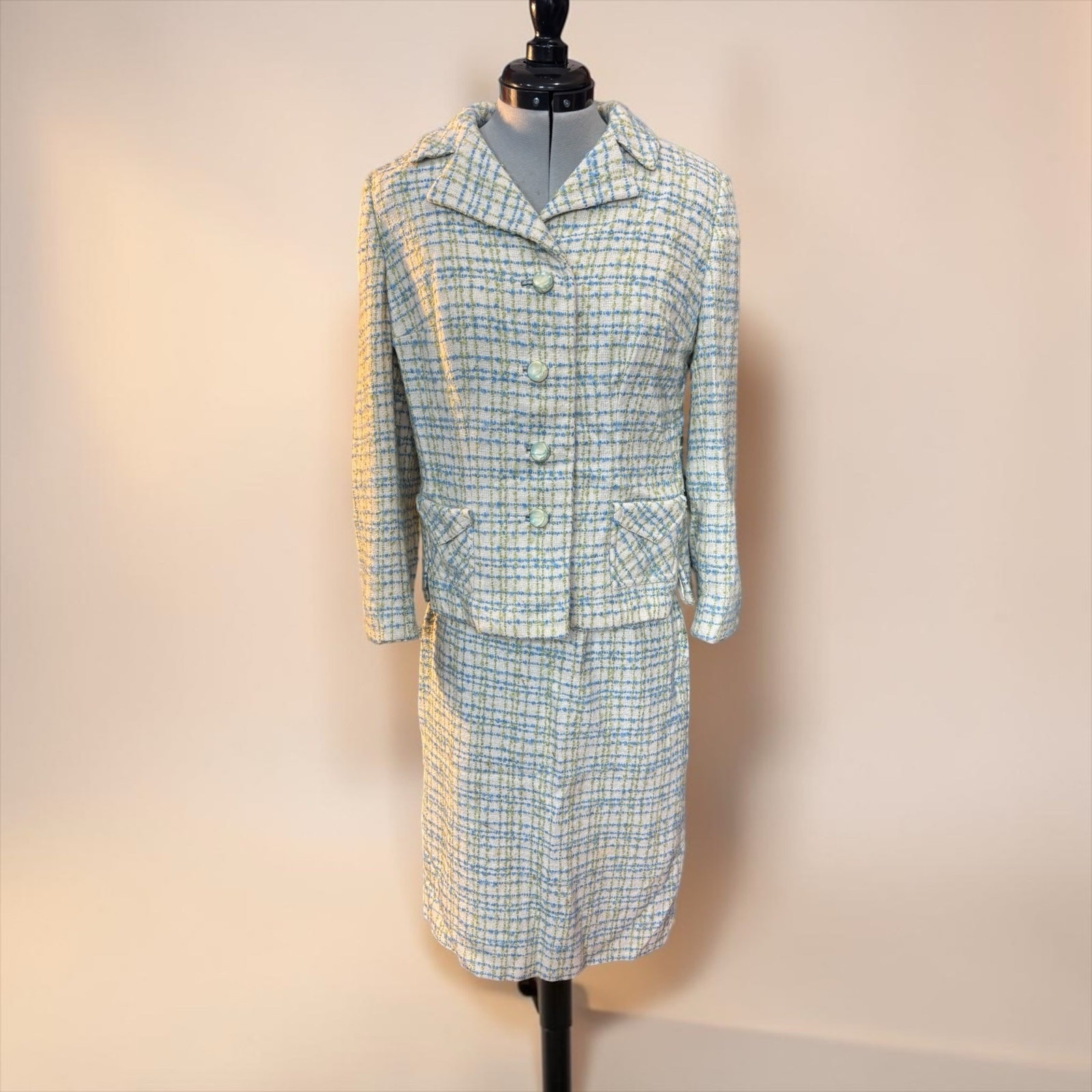Pastel Tweed Skirt Suit Set 60s Blue Green Bouclé Jackie O Mod Jacket Skirt M