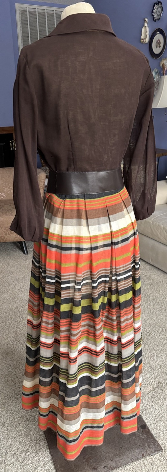 VTG 1970s Maxi Dress Retro Mod Stripe Belt Semi Sheer Brown Orange B34″ W28″ M