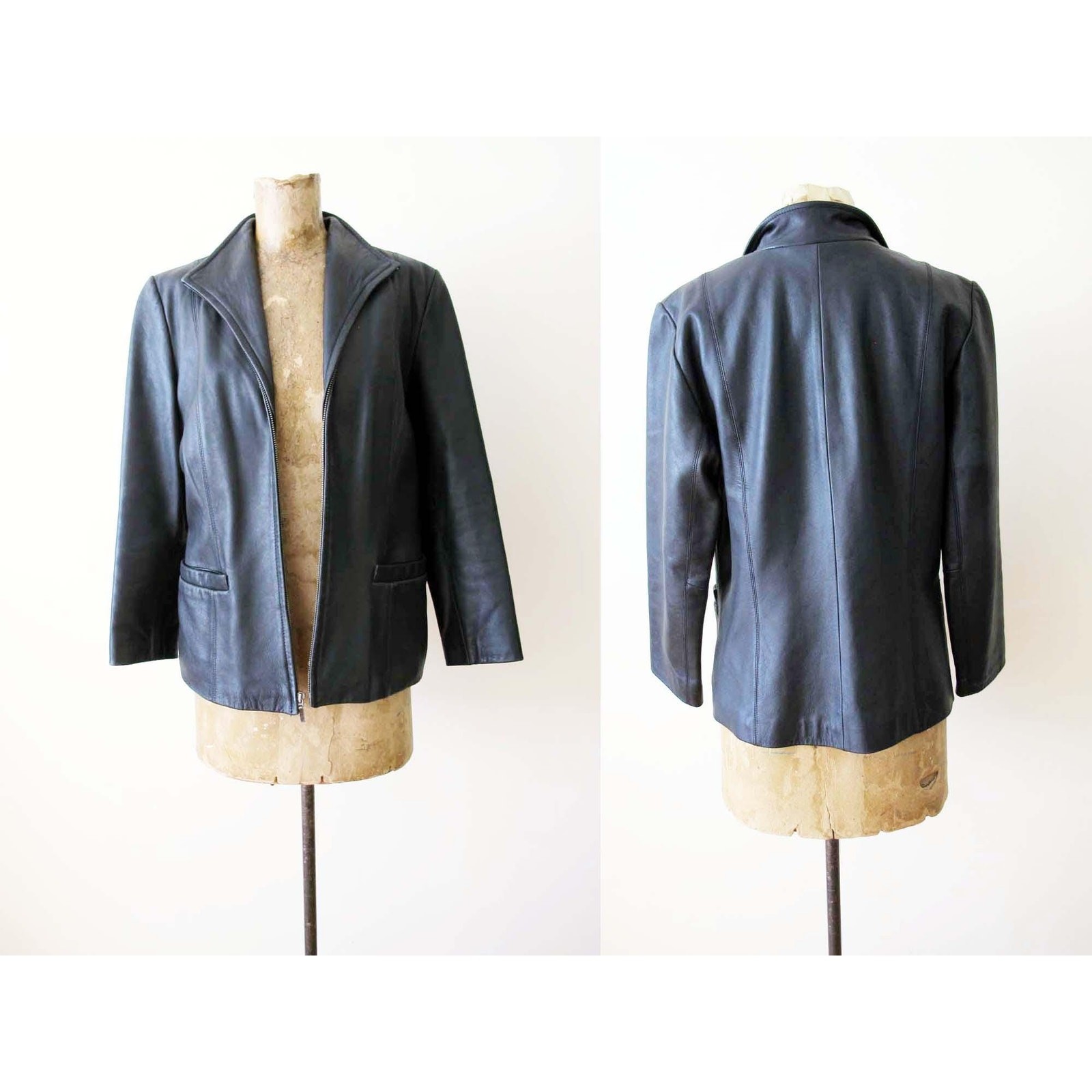 Vintage Y2K Black Leather Blazer: Zip Up Moto Jacket XS/S