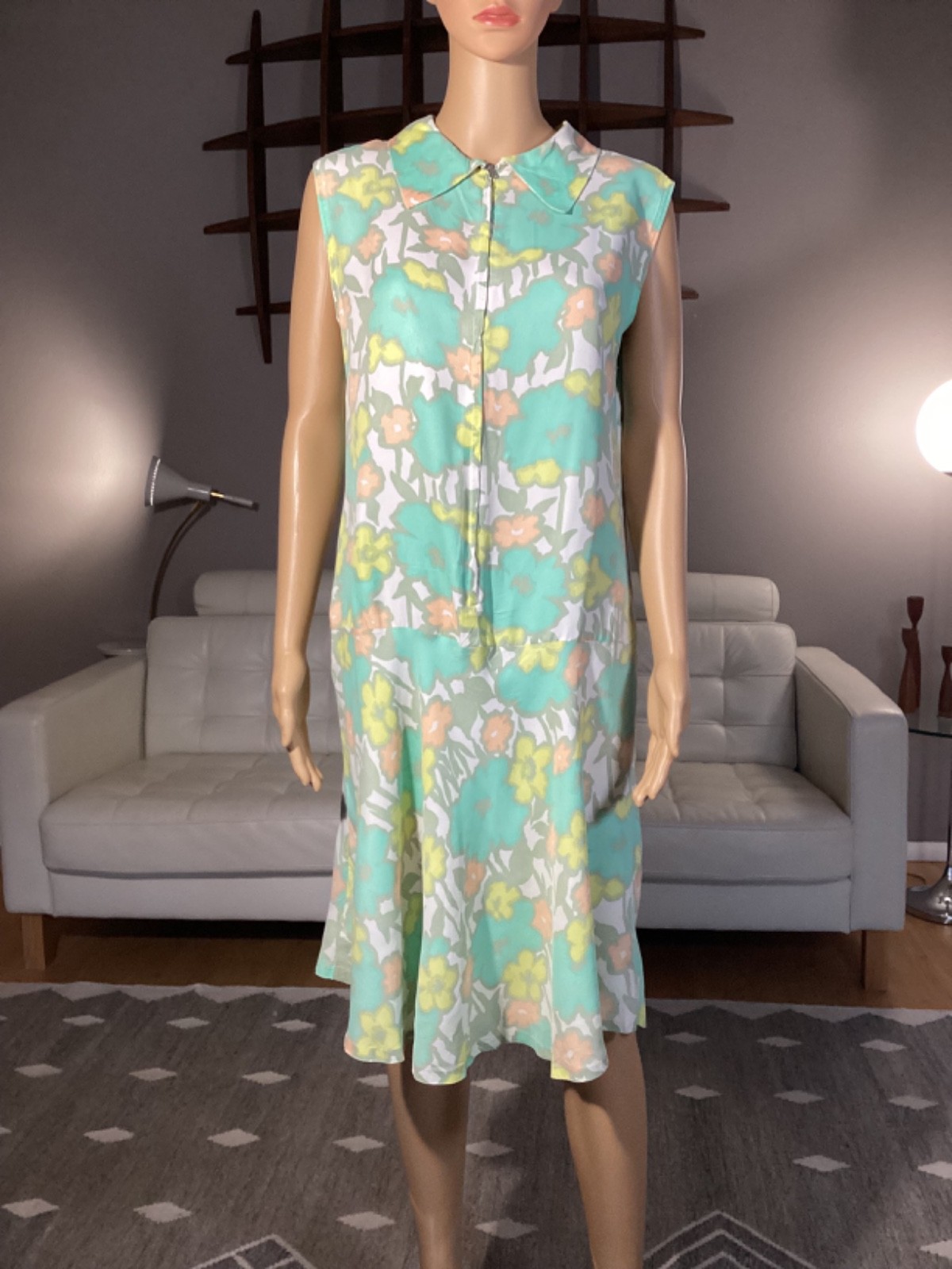 Vintage 60s Floral Watercolor Drop Waist Sleeveless Dress Mod Hippie