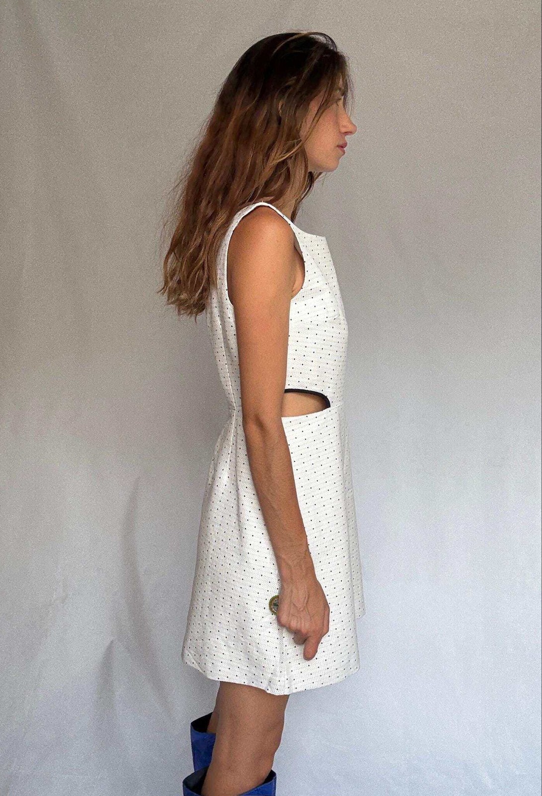 Cotton mini dress with side cutouts, Size US M, White outfit with navy dots