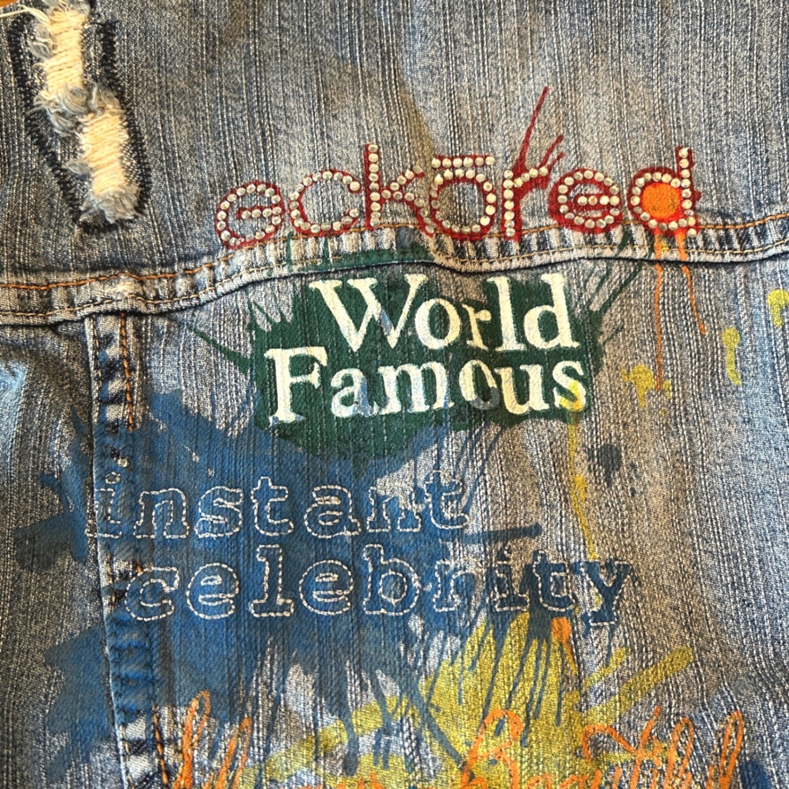 Ecko Red Denim Vest Womens M Blue Distressed Graffiti Y2K VTG Streetwear Hip Hop