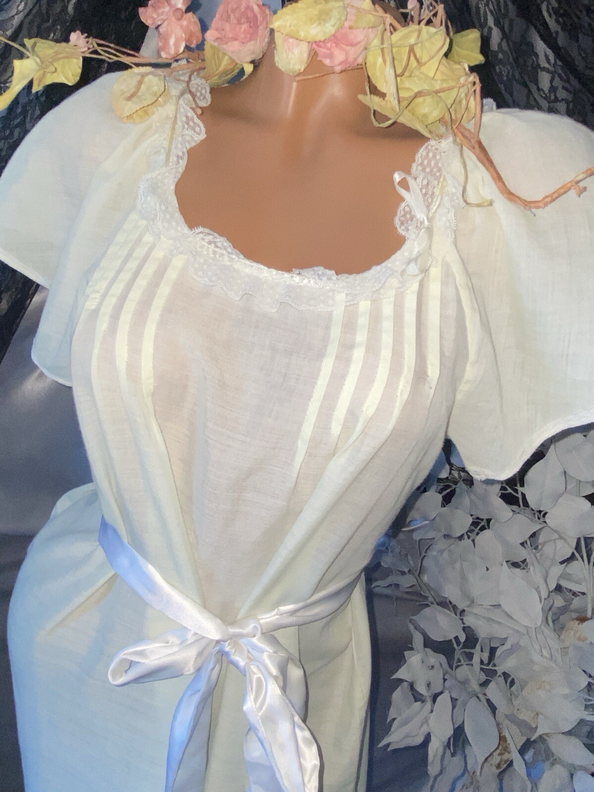 VTG GAUZE PINTUCK Charlieann FLUTTER SLV LACY NIGHTGOWN DAY SUN DRESS GOWN