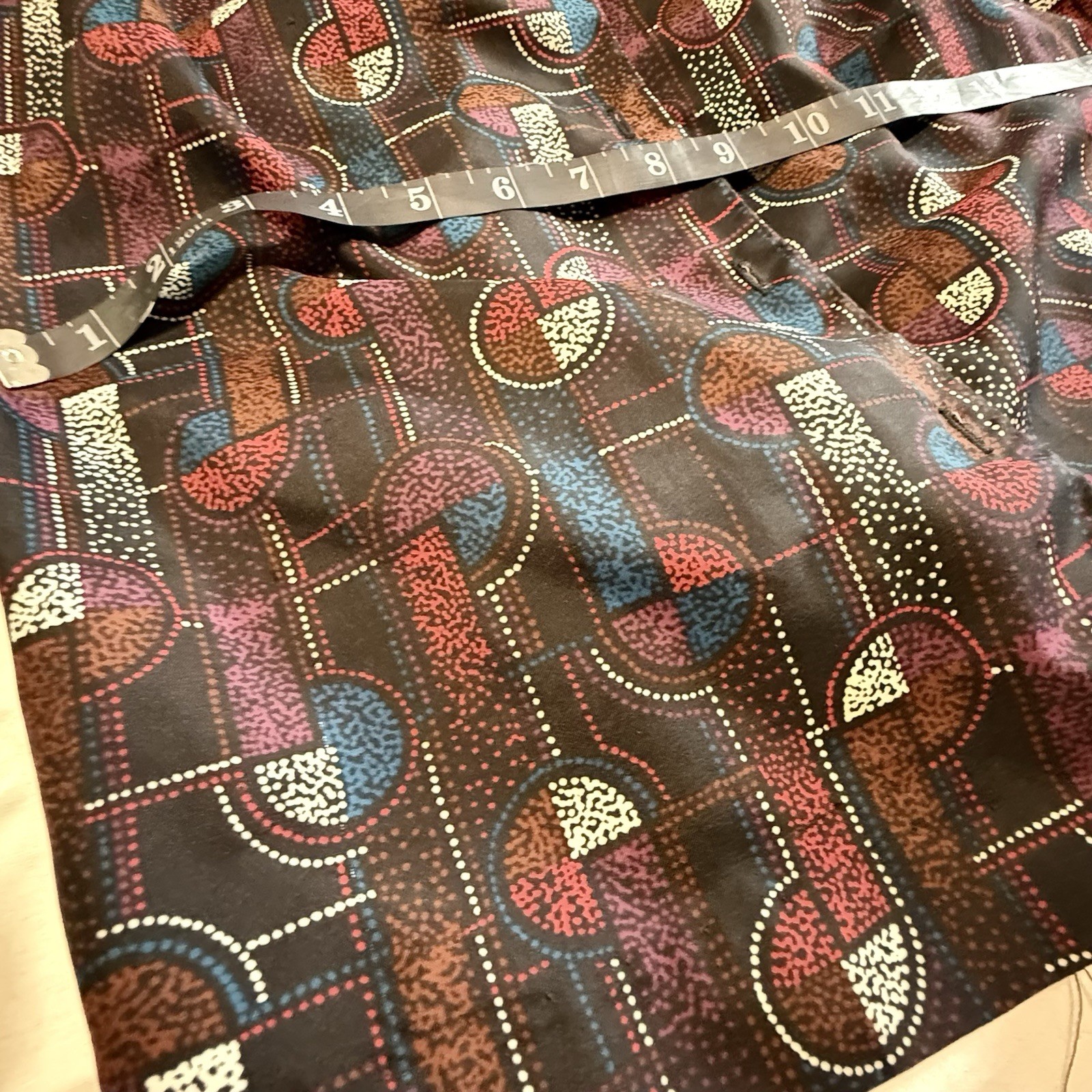 70s Geometric Print Long Sleeve Blouse Burgundy Vintage Top Size Med Retro A2