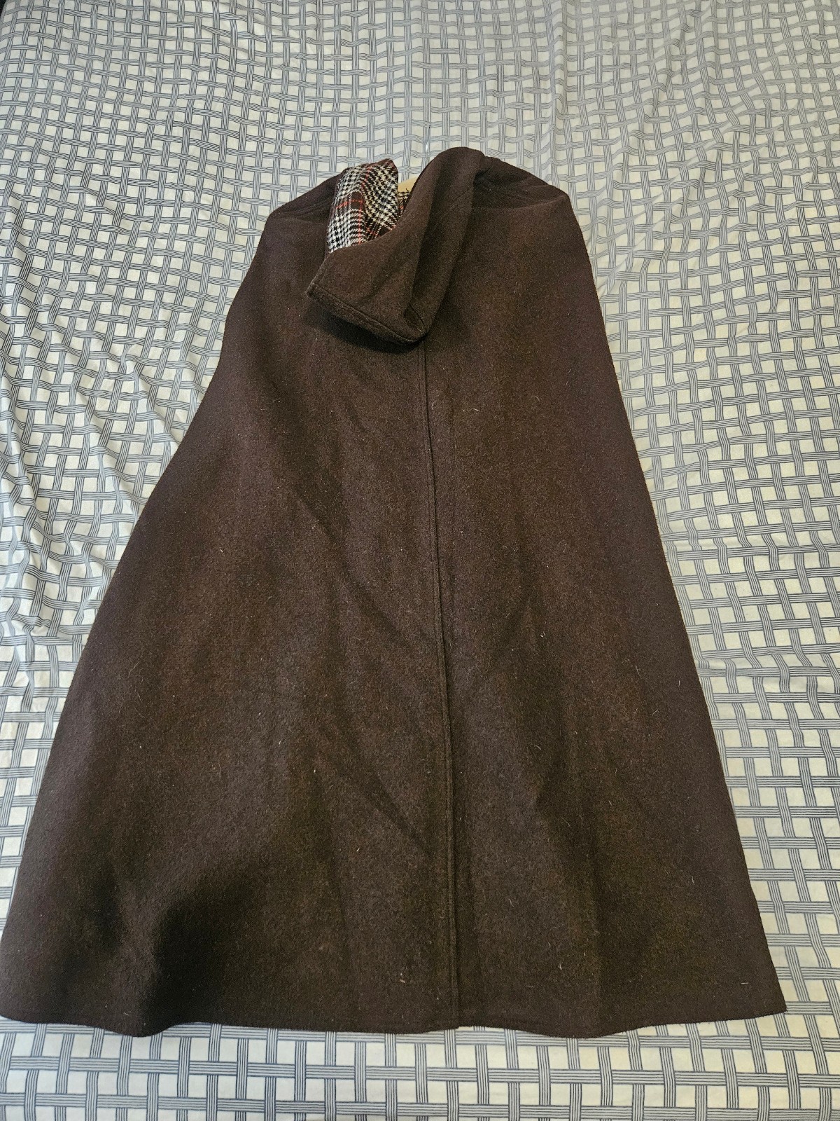 Vintage Brown Wool Hooded Cape with Houndstooth Plaid Lining