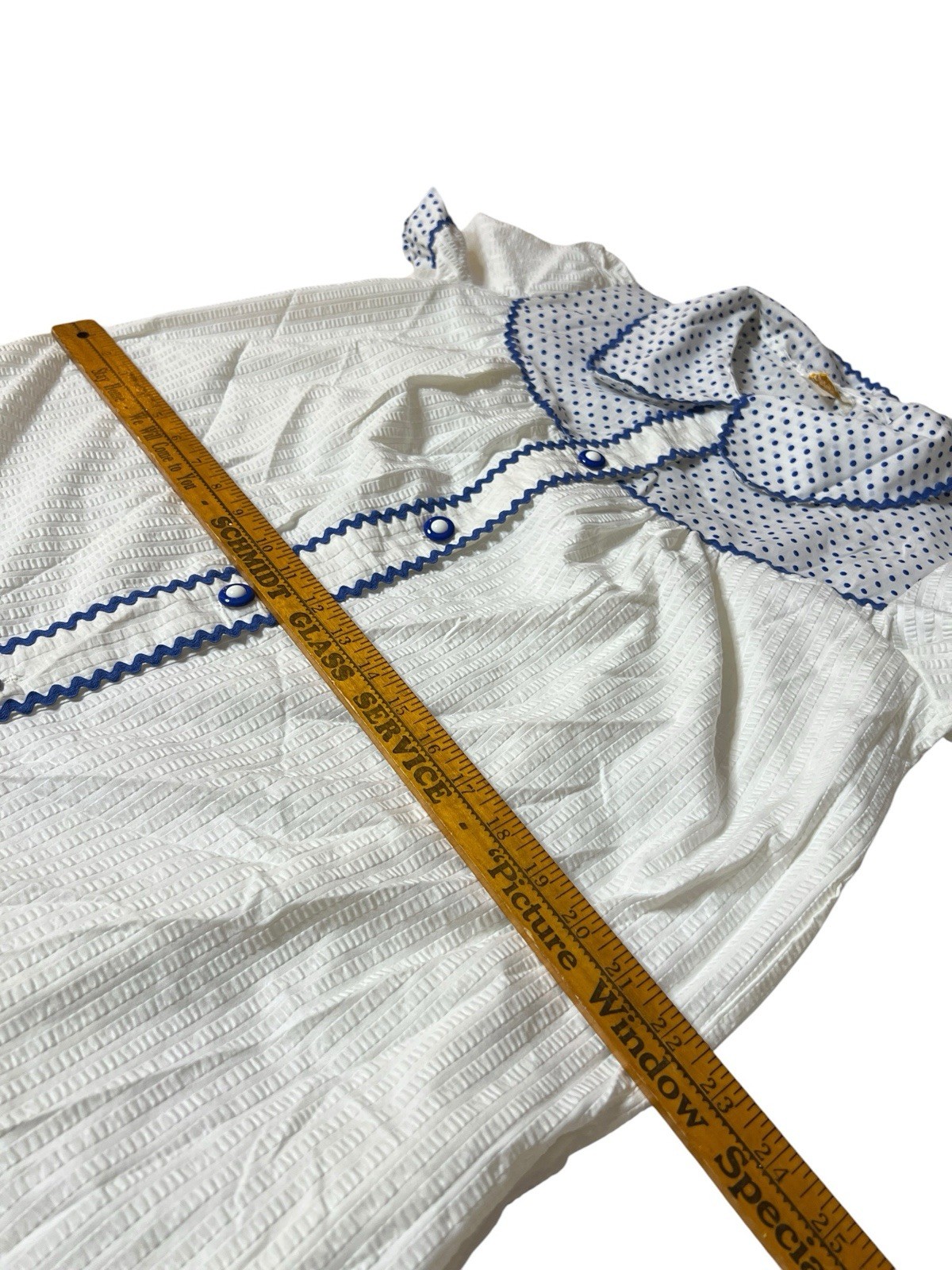 Vintage Nightgown House Dress White Blue Polka Dot Rick Rack Peter Pan Collar