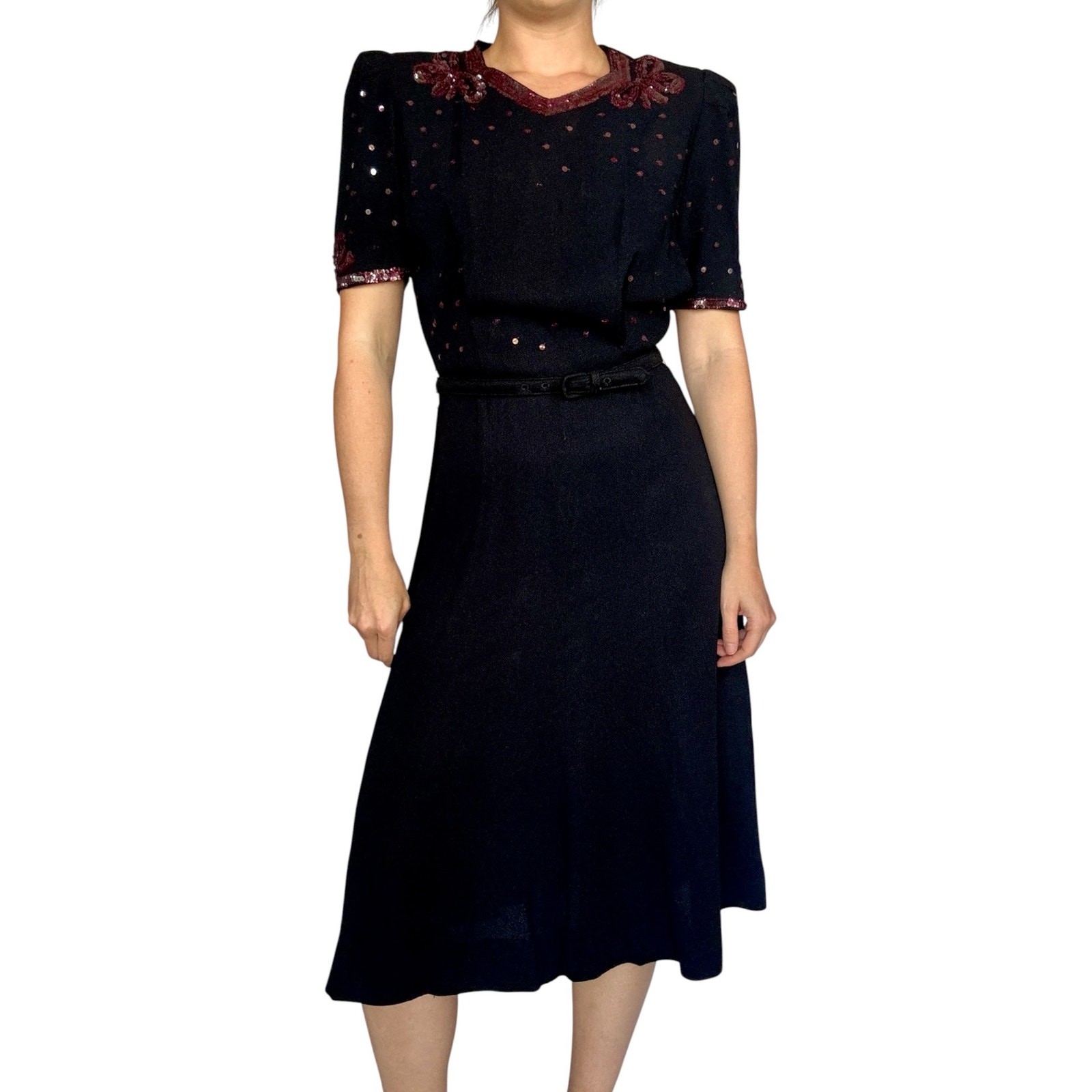 Vintage 40s PARKWAY MONTREAL Black Silk Crepe Sequin Dress + Belt Metal Zipper