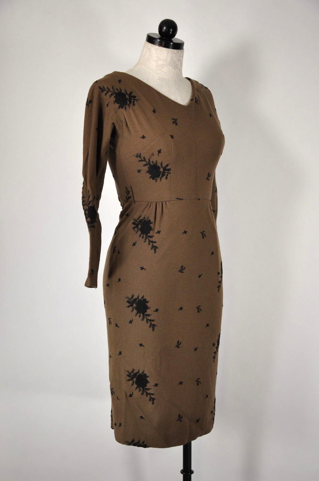 60s Vintage Brown Wool Rose Floral Embroidery Midi Sheath Wiggle Dress Women XS