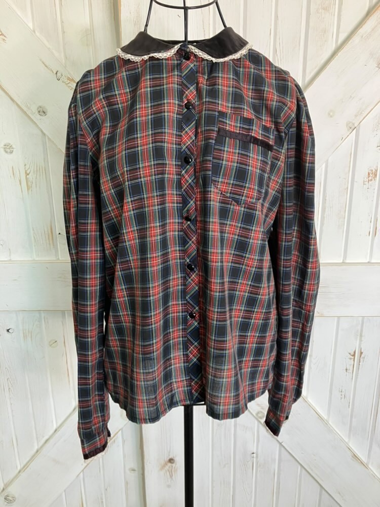 70’s Vintage Red Blue Black Plaid Velvet Collar Blouse Prairie Western Top *FLAW
