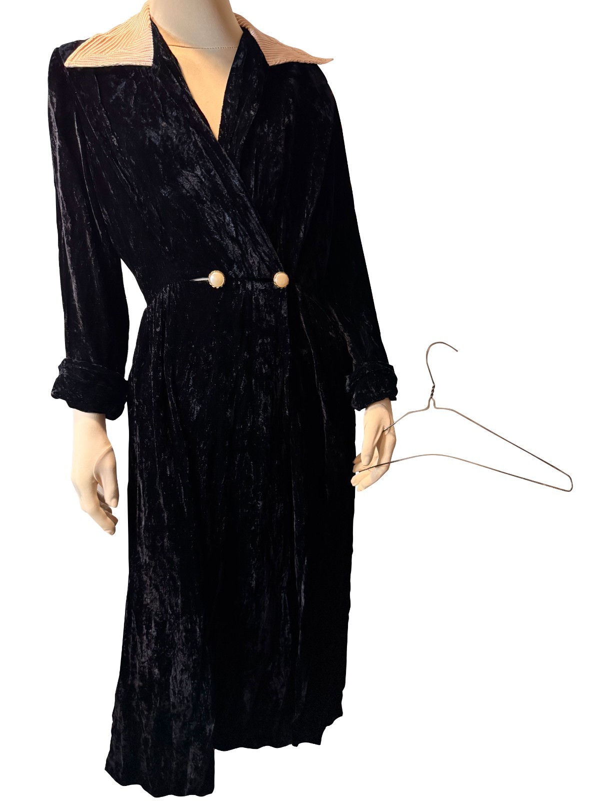 Vintage 70s Black Velvet Maxi Coat Dress Collar Pearl Buttons Edwardian Revival