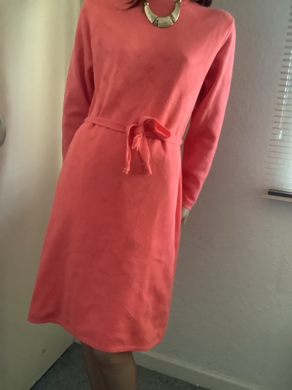 Vintage 1970s Coral Salmon Pink Knitted Dress 16