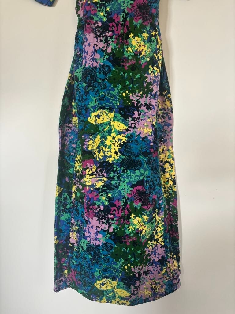 Vintage JA-NA Hawaiian Maxi Dress Size 10 Abstract Floral Multi Color Barkcloth