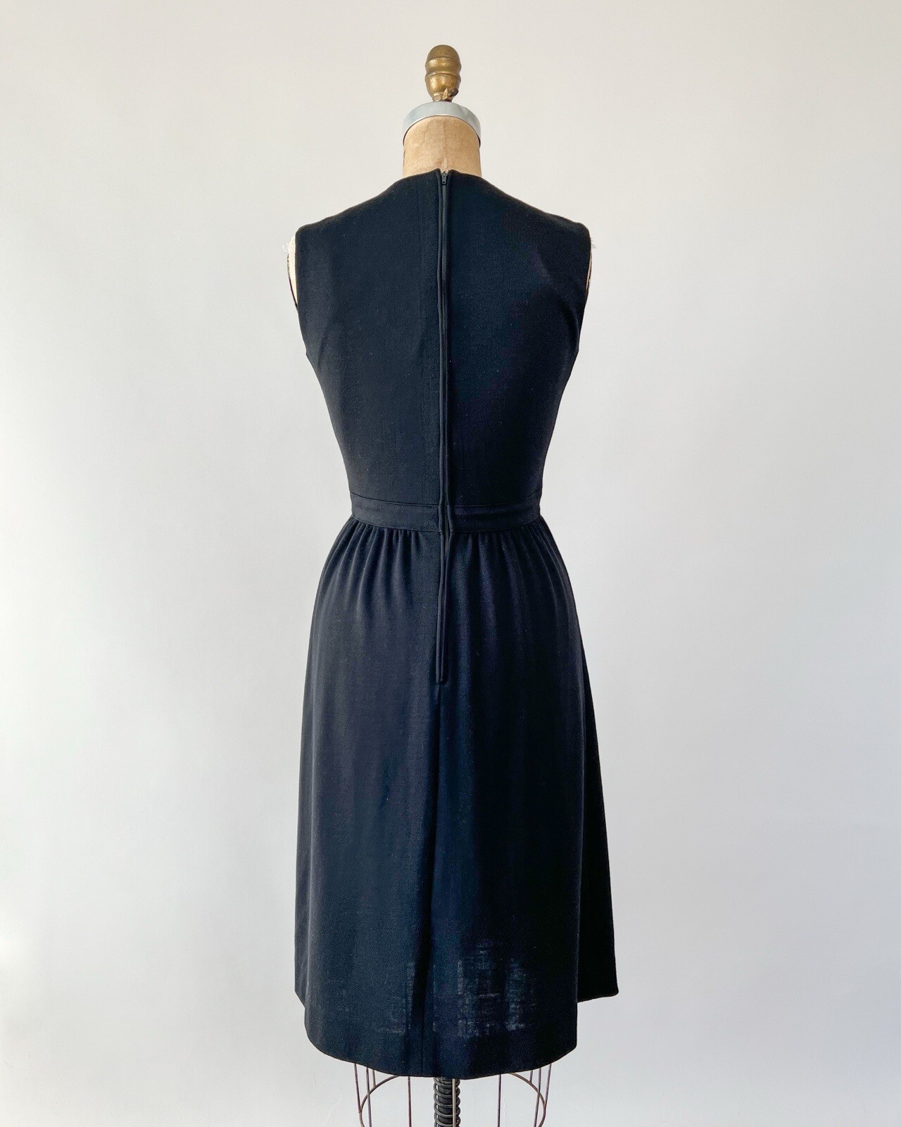 Vintage 1970s Black Knit Wool Midi Dress Sleeveless Fit & Flare Surplice Neck XS