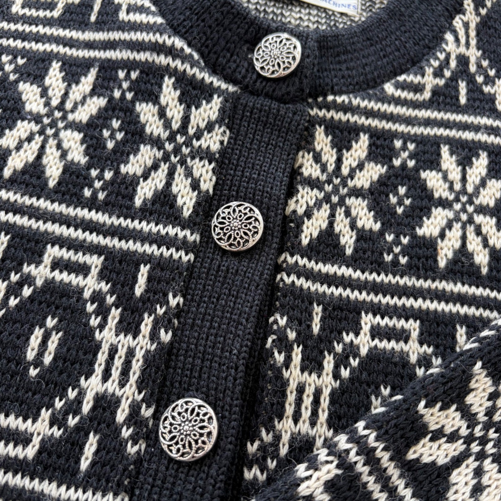 Jersild Vintage Nordic Snowflake Virgin Wool Cardigan Black Cream Metal Buttons